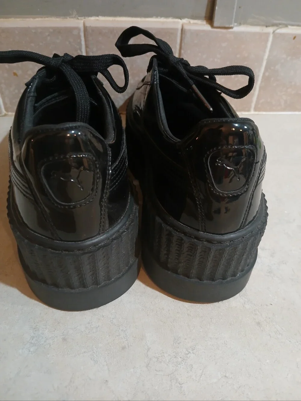 Puma Fenty x Pointy Creeper in the patent black colorway 7.5